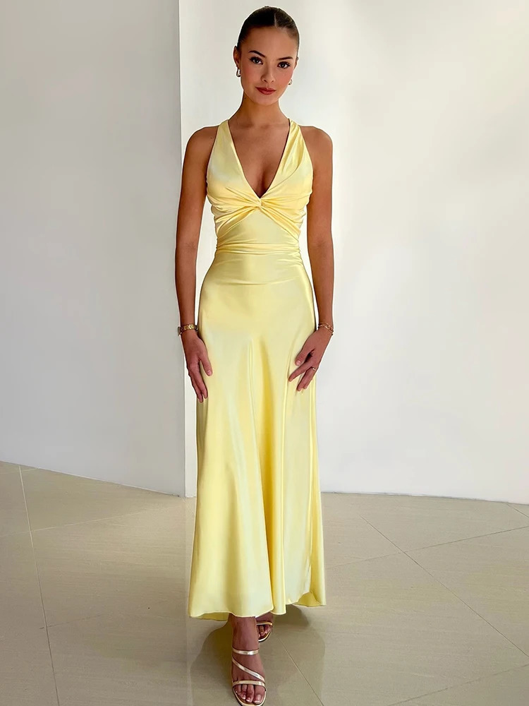 Mozision Satin Bow Backless Sexy Maxi Dress For Women Gown Fashion V Neck Sleeveless Club Party Evening Elegant 250103Z