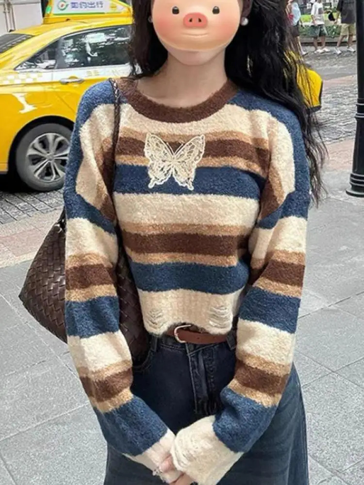 Vintage Women Striped Loose Warm Short Sweater O-neck Long Sleeve Thicken Knitted Pullovers Tops Casual Autumn Winter Trend 250102BJ