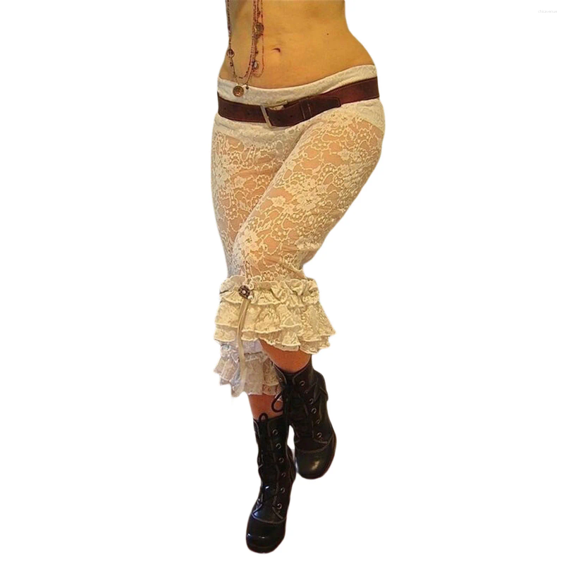 Women's Pants Women Floral Lace Capri Coquette See-Through High Waist Ruffles Hem Trousers Summer Casual Stretch Crop Leggings