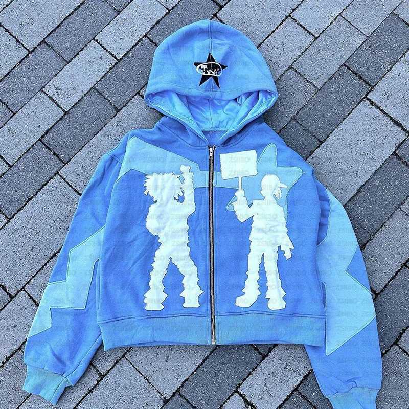 Mens Hoodies Sweatshirts Y2k High Street Trend Jket Mens Creative Embroidered Zipper Hoodie Harajuku Fashion Retro Oversized Sweatshirt Womens J2501