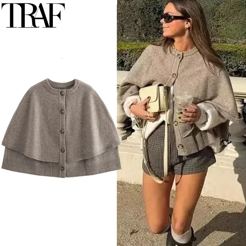 TRAF Womens Cardigan Outerwears Cape Cropped Knitted Woman Autumn Short Sweaters Jerseys Elegant Button Jacket Knitwear 250102Z