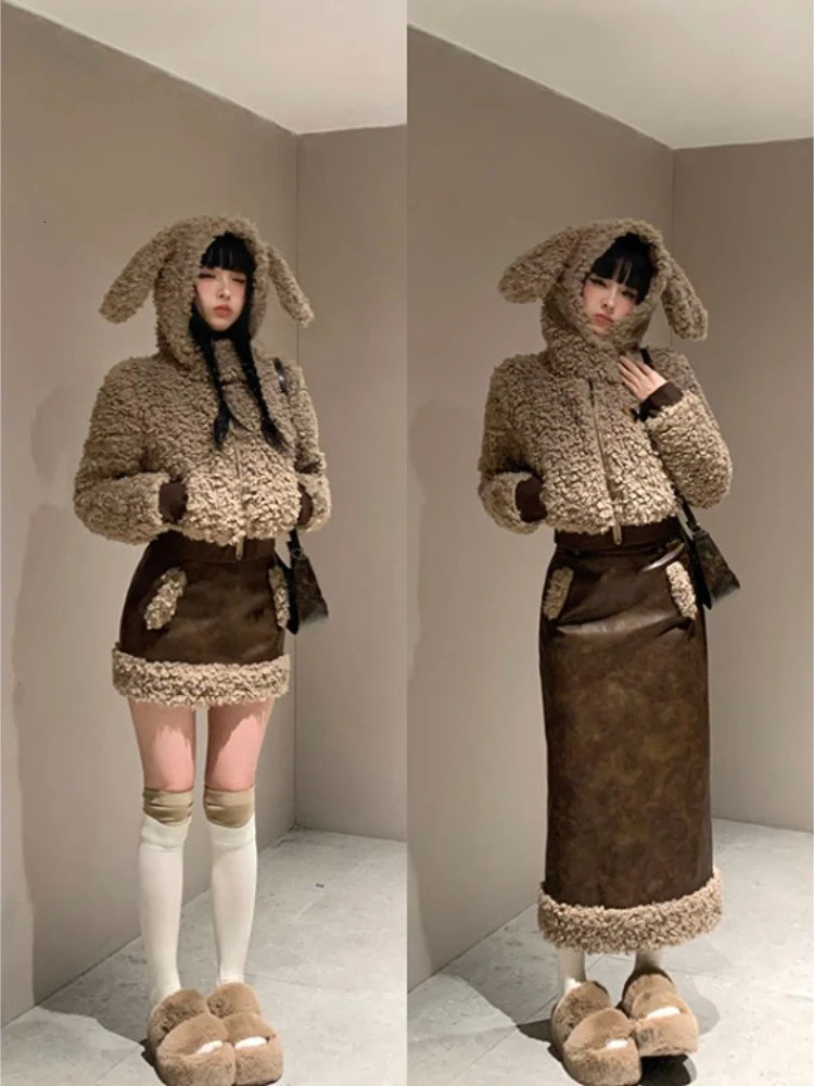 Korean Two Pieces Set Kawaii Cute Ears Fluffy Butterfly Coat Patchwork Streetwear Vintage Y2k Aesthetic All Match Slim Skirts 241225