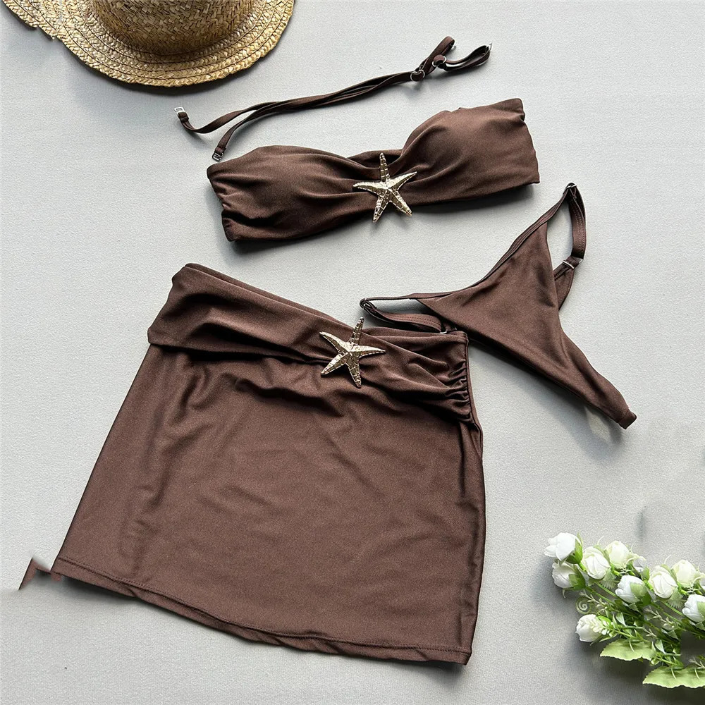 Brown Sexy Swimsuit Cover Ups Women Micro Thong 3 Piece Bikini Set Damen Metal Star Swimwear Beach Wear Bandeau Bikinis Mujer 250108-image-1040985159