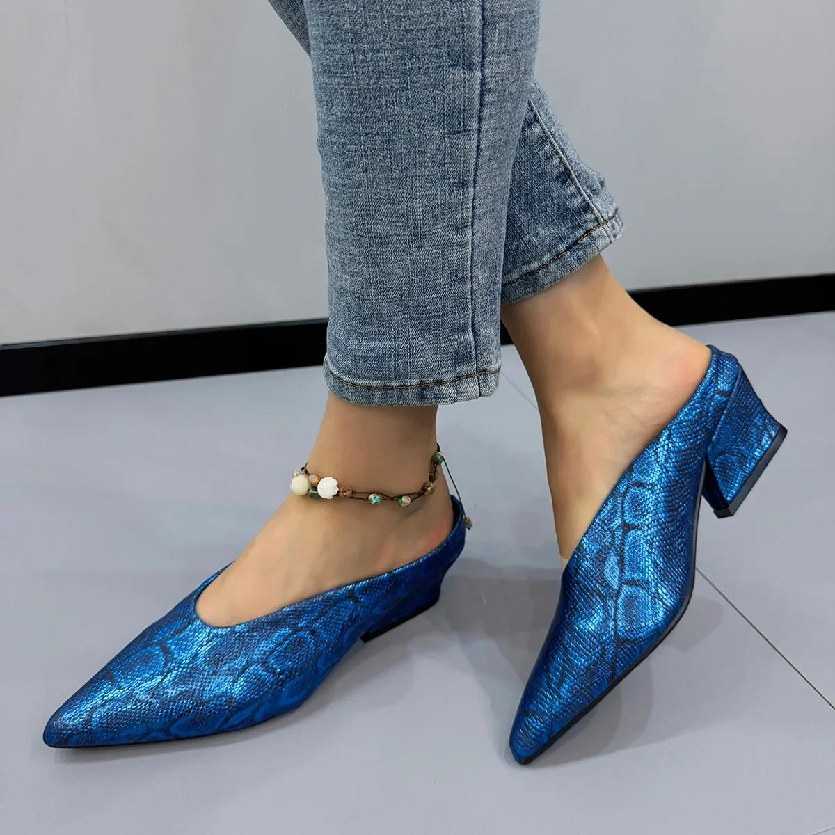 Pointed Toe Women Mules Shoes 2024 er Chunky Serpentine Slippers Autumn Slingback Shoes Walking Dress Mujer Zapatillas 250107