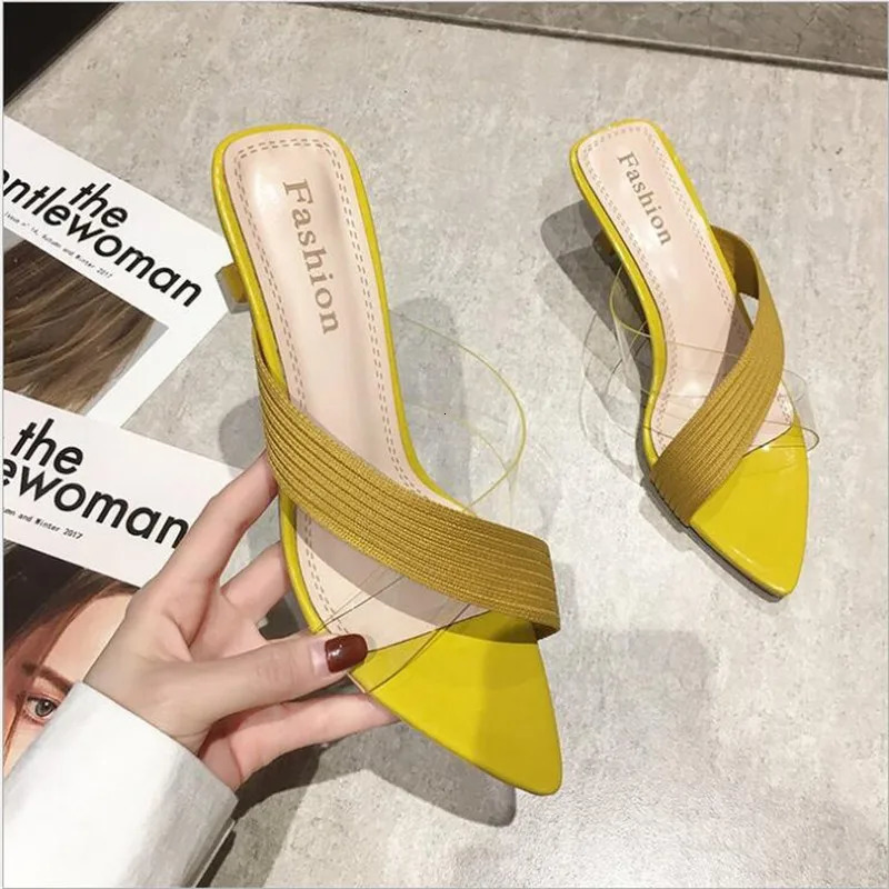 Summer Women Yellow Green Beige Pumps Sandals For Ladies Sexy Mules High Heels Slip-on Slippers Slides Shoes Solid 250107