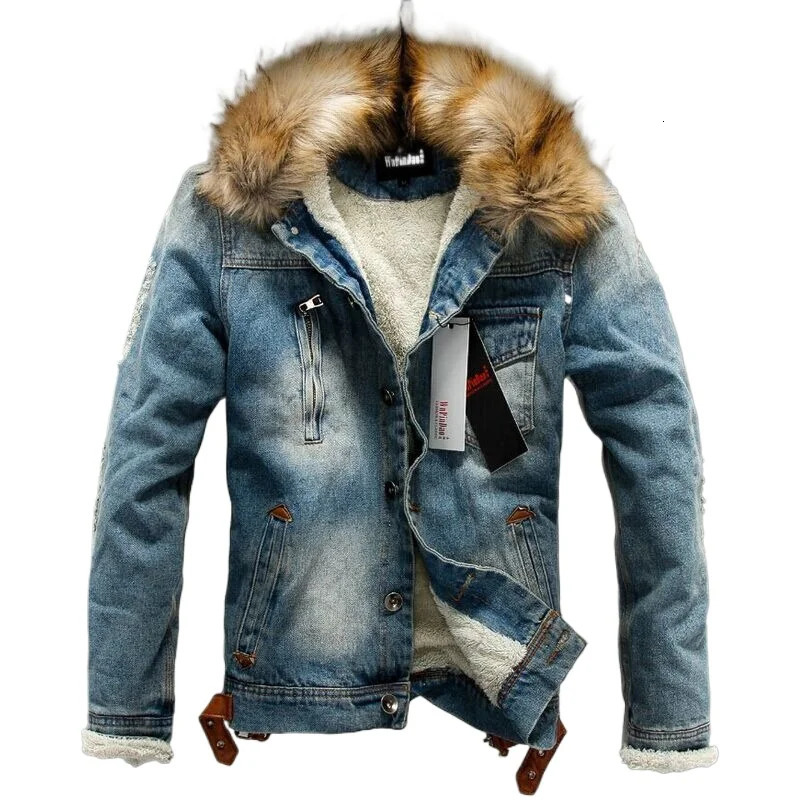 Mens Winter Warm Ripped Jeans Jacket Fleece Lined Thick Thermal Denim Coat Outwear With Removable Fur Hood Big Size 6XL 250102Z