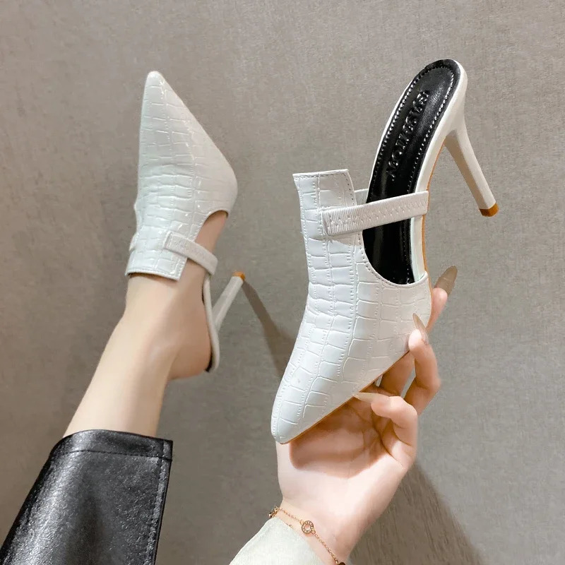 Fashion Pointed Toe Womens Mules 2024 High Quality Women Closed Toe Slippers Sexy Thin Heel Party High Heel Slippers Pantuflas 250107