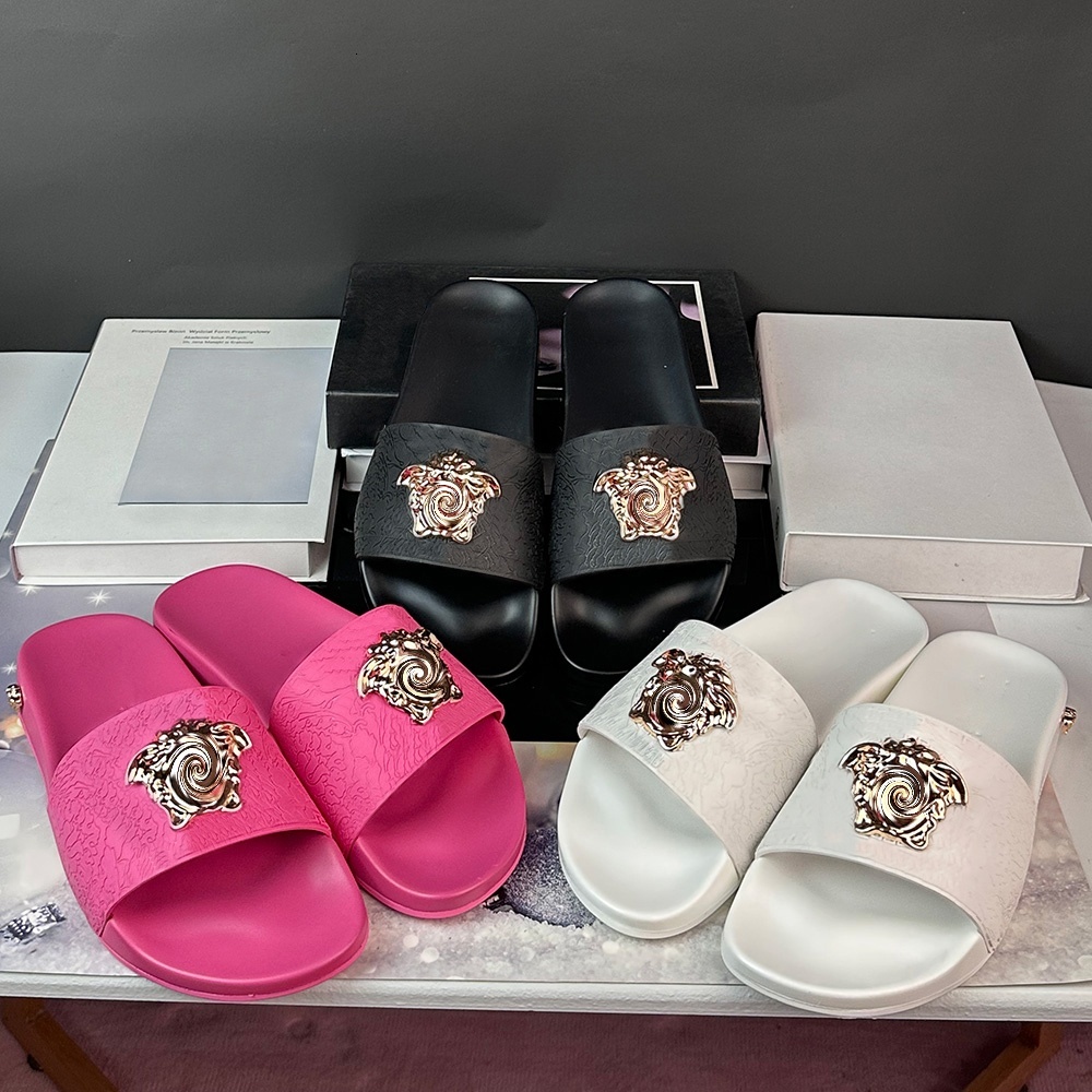 2025 Summer Men Women Sandals Black and Pink Classic Designer Slide Head Genuine Leather Rubber Slippers