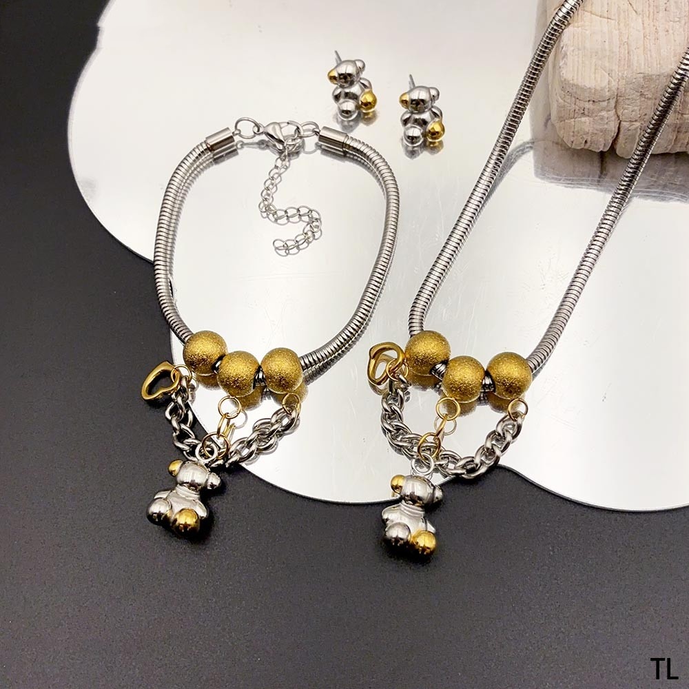 New Fashion Women Silver Gold Stainless Steel Bear Round Bead Pendant Bracelet Earrings Sets Jewelry-image-1041180403