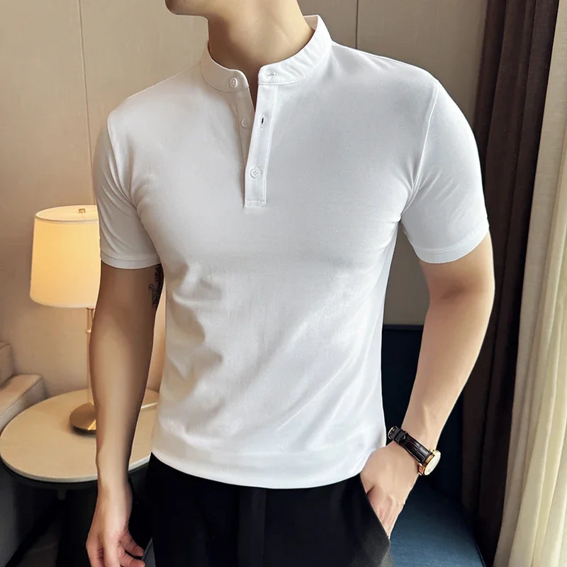 Men Chinese Standing Neck Polo Shirt 2024 Summer Thin Solid Color Casual Short Sleeved Elastic Slim Fit Tshirt Clothing 250107Z