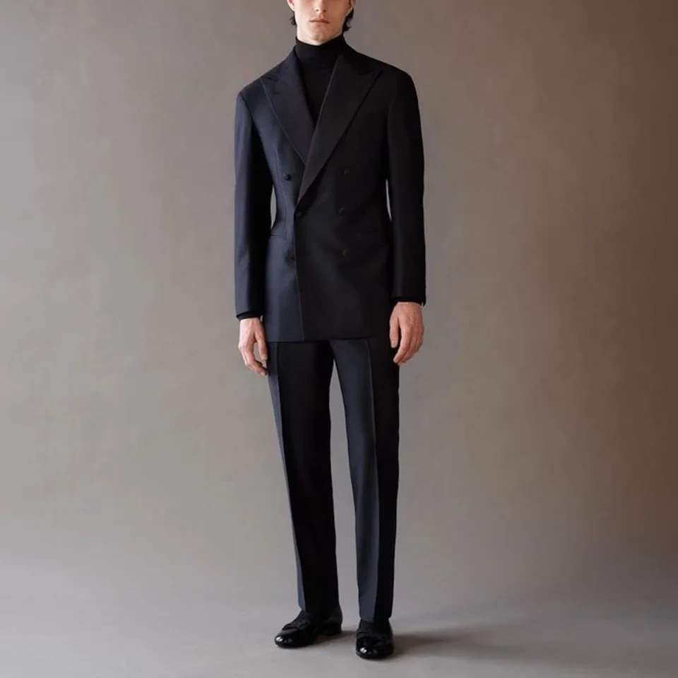 Fashion Lapel Double Breasted Men Suits Navy Blue Chic Groom Wedding Party Tuxedo Formal Business Casual Office Male Suit 250107Z