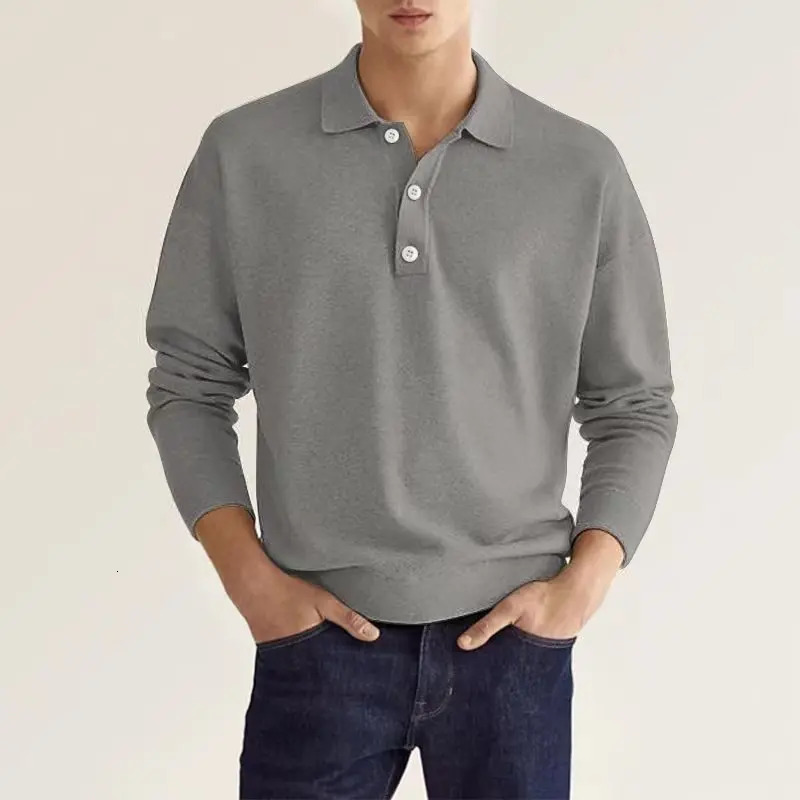 2024 Spring Autumn Solid Color Long Sleeve Polo Shirts Man High Street Casual Loose Button Pullovers Vintage Allmatch Tops 250107Z