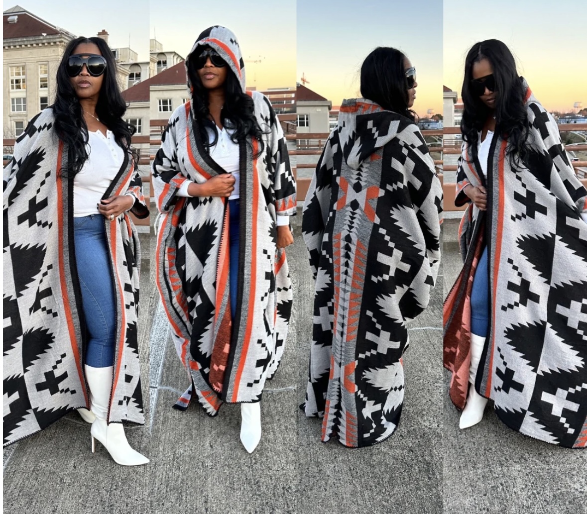 African Women's New Stylish Printed Long Warm Cardigans Plus Size African Blogger Rich Lady Loose Open Front Kimonos With Caps