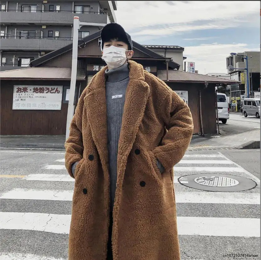 Korean Style Fashion Double Breasted Men Coat Long Thicken Warm Fleece Winter Mens Overcoat Manteau Pour Homme 250107Z