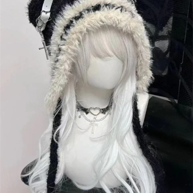 Harajuku Gothic Lolita Y2K Knitted Cat Ear Hat Women Punk er Cross Bat Winter Black Beanie Cute Hat Female Accessories Cap 241224
