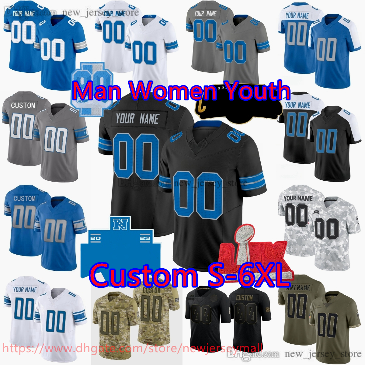 Custom 2025 Football 16 Jared Goff Jersey cousu 26 Jahmyr Gibbs 14 Amon-Ra St. Brown Barry Sanders Jameson Williams Sewell Laporta Montgomery Bra