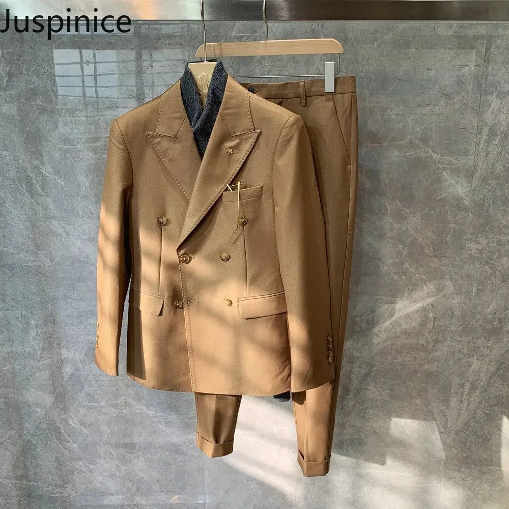 Autumn British Style Retro Solid Slim Double Breasted Suit Blazers Trousers Set Mens Loose Business Casual Jacket Pants 250107Z