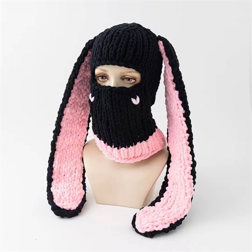 Y2K Long Rabbit Ear Funny Balaclava Hat Winter Thicken Warm Hand Made knitted Beanie Halloween Party Ski Mask Skullies Cap 241224