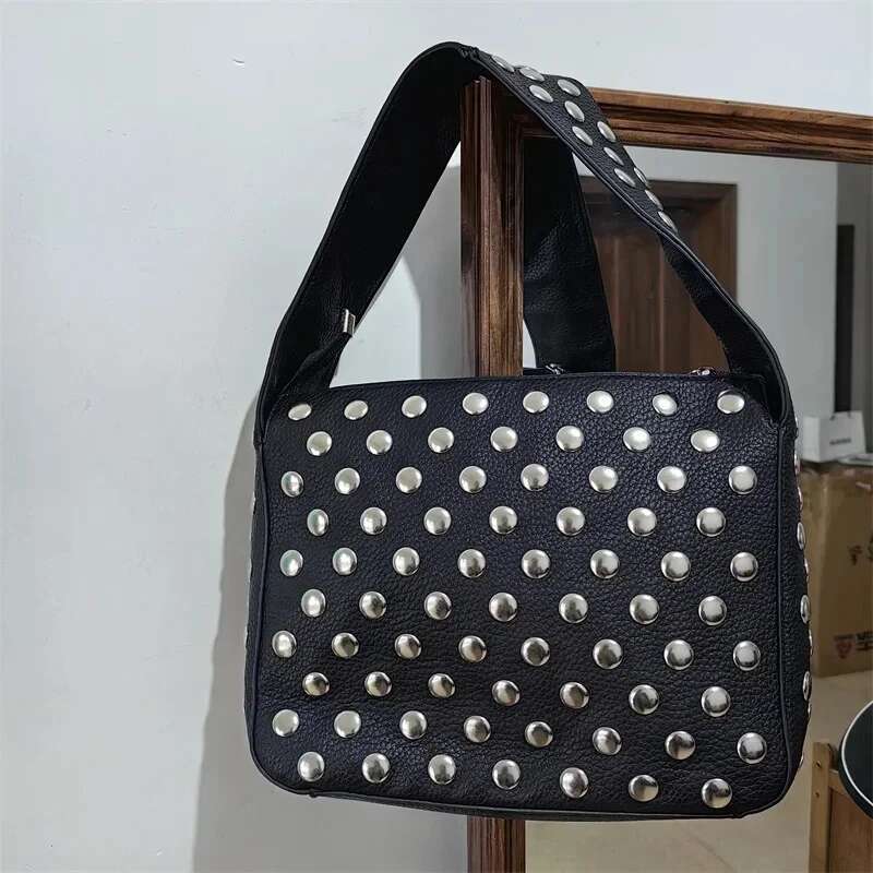 Meet You Vintage Rivet Design Women's Black Leather Bag Motorcycle Style High Quality Cool Handbag Wide Shoulder Strap
