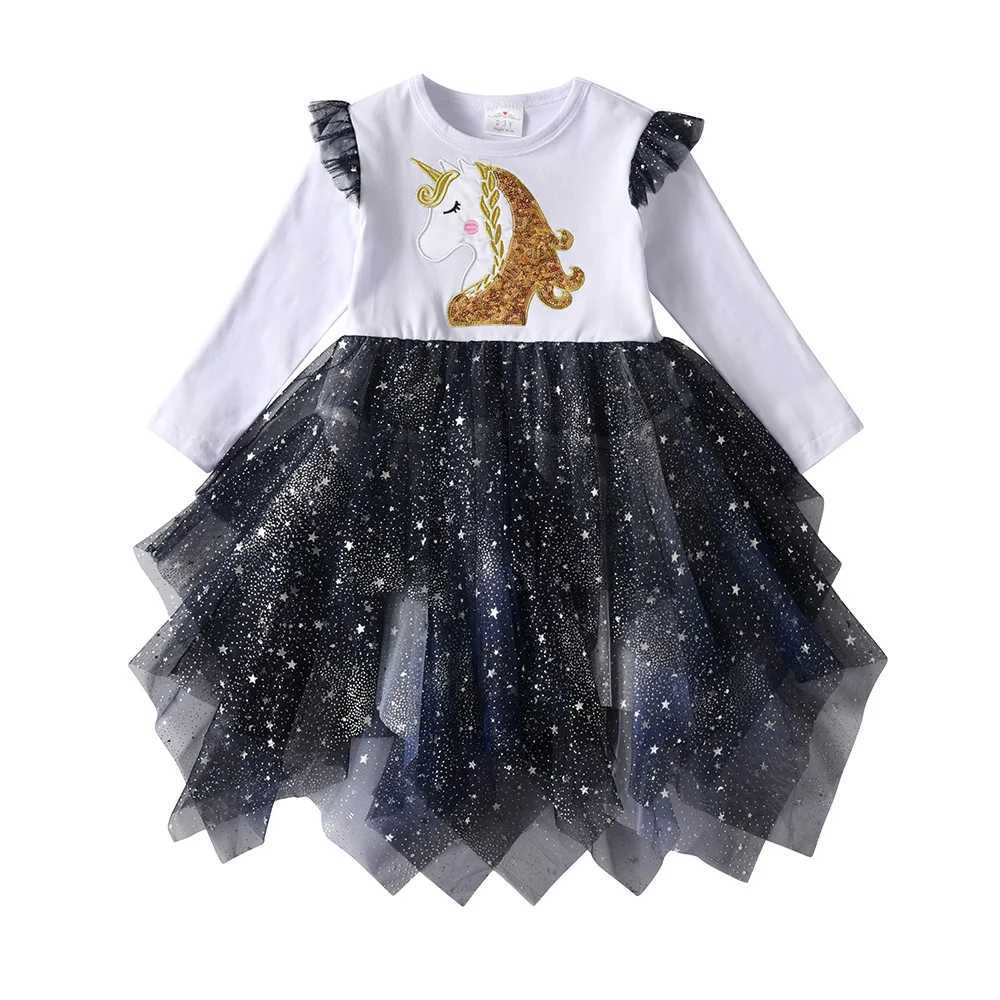 Vegeta childrens unicorn sequin application dress girls flash sleeves autumn spring patch work shiny irregular Tutu princess dress W250111-image-1041488147