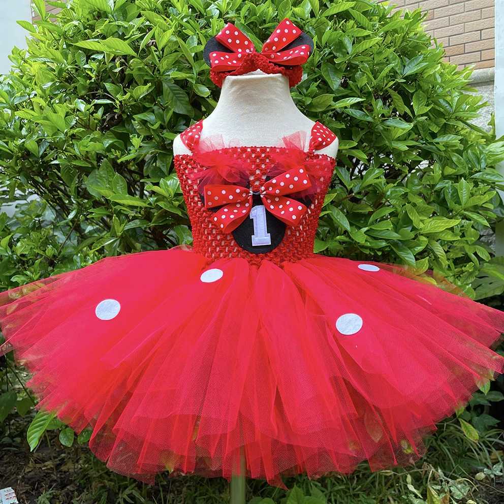 Cute baby red Tutu dress girl crocheted chiffon dress with polka dot bow and hair childrens birthday Par costume W250111-image-1041488277