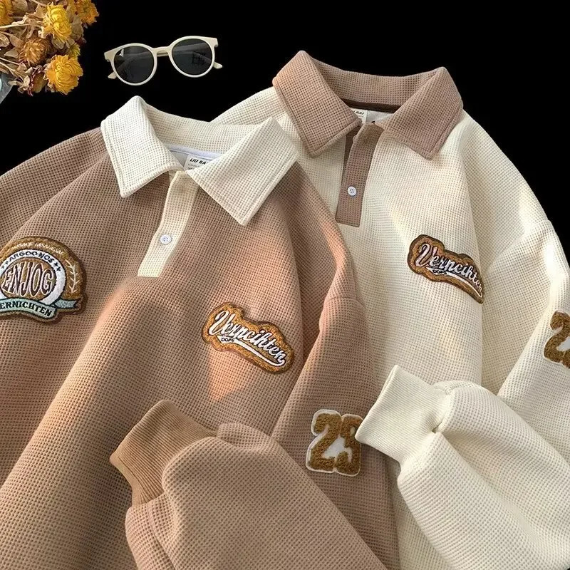 Preppy Style Letter Embroidery Sensible Mens Autumn Vintage Hong Kong Chic Loose Fit Comfortable Niche Polo Collar Top 250107Z