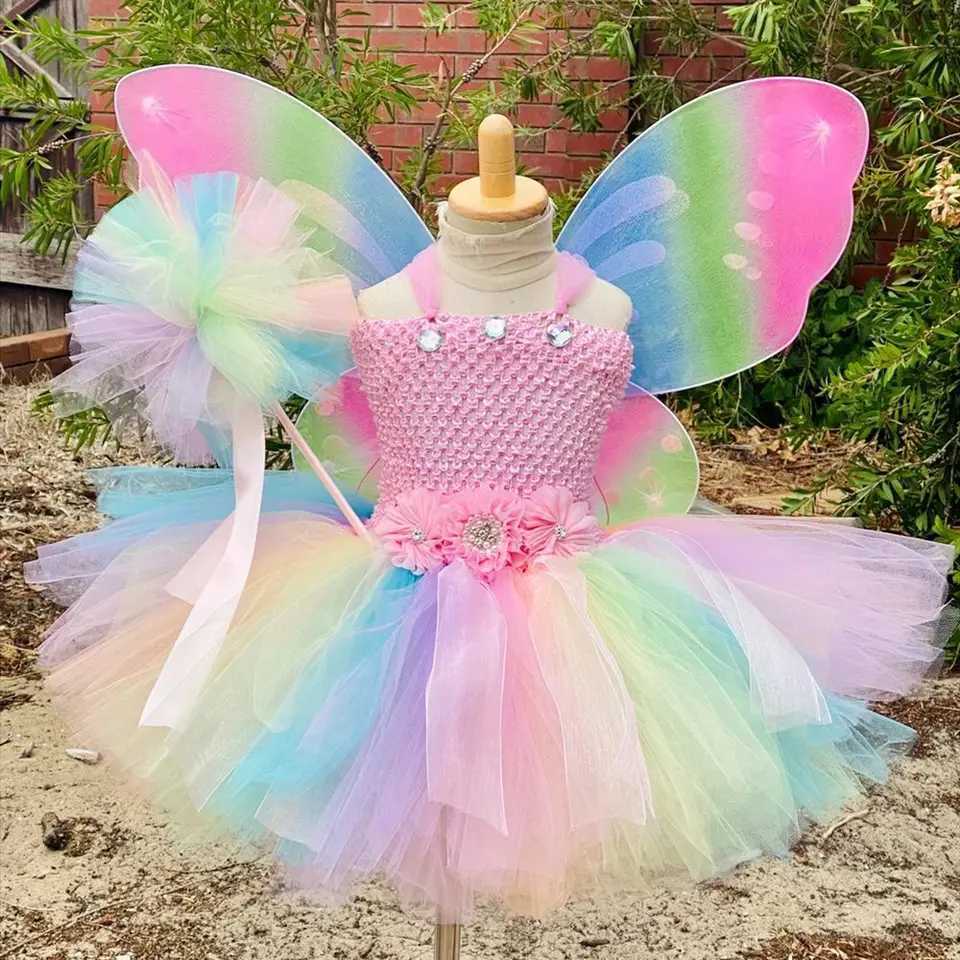Girl Pink Butterfly Fairy Dress Children Flower Tutu Dress with Wings and Stick Hair Set Childrens Birthday Par Clothing W250111-image-1041489466