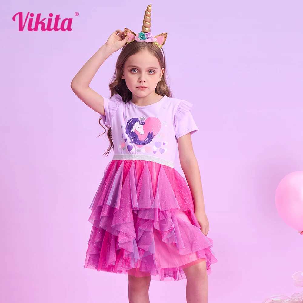 VIKITA girls heart-shaped design dress childrens short sleeved summer dress childrens mesh chiffon layered cake irregular Tutu dress W250111-image-1041489915