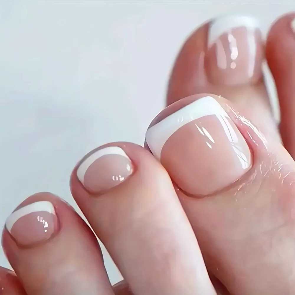 24pcs Nude Press On Toe Nails Square Fake Toe Nails Glossy Full Cover False Toe Nails With French White Edge Design For WomenXJ250110-image-1041377293