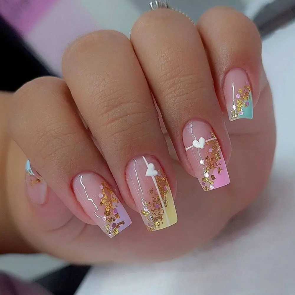 24Pcs/Box Rainbow French False Nails White Heart Pattern Shinny Fake Nials Long Square Nail Tips Full Cover Press on NailsXJ250110-image-1041376863