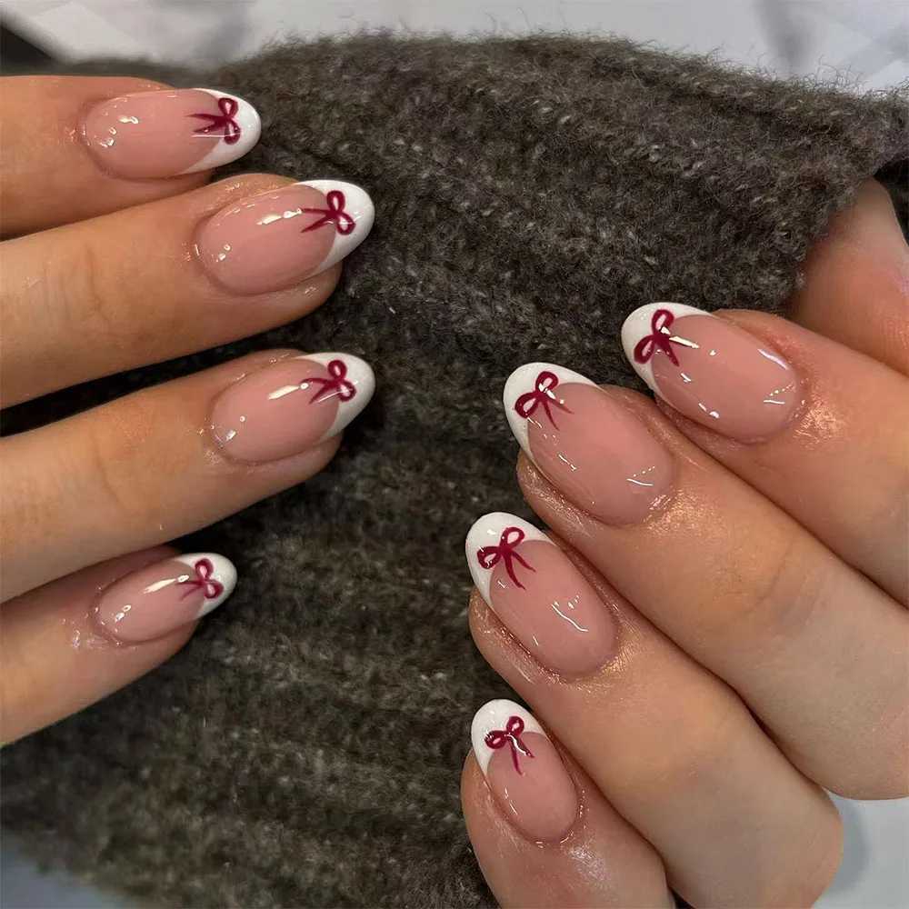 24 pieces of short almond-shaped nail tips with red bowknot designs white French full-coverage stick-on manicure.XJ250110-image-1041377587
