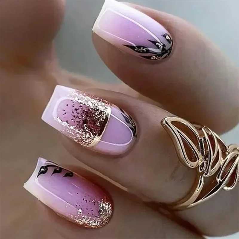 24Pcs Short Purple False Nails Leaf with French Design Gold Foil Wearable Fake Nails Coffin Ballet Full Cover Press on Nail TipsXJ250110-image-1041376441
