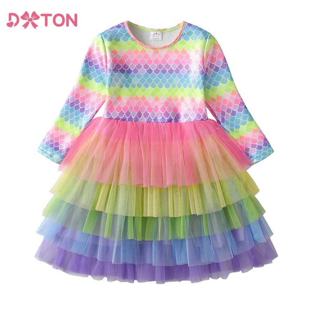 DXTON Mermaid Princess Dress Girls Thick Winter Childrens Clothing Color Gradient Grid Layer Warm Childrens Dress Clothing W250111-image-1041488080