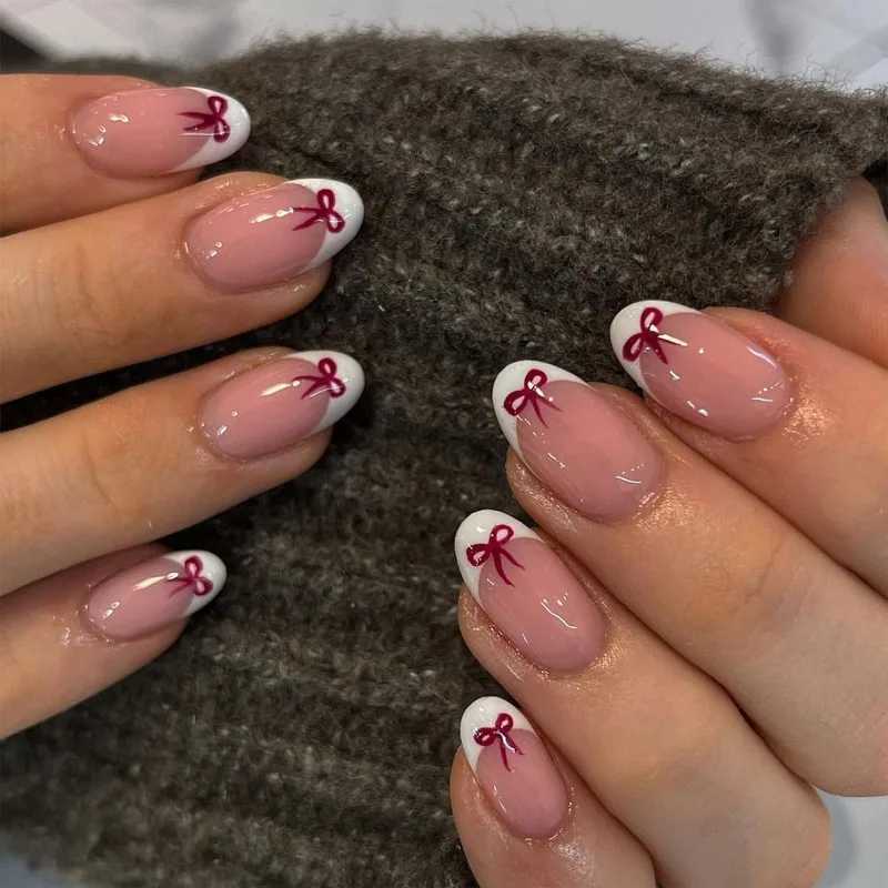 24Pcs/set Chic Red Almond-Shaped Press-On Nails Glossy Full Cover Fake Nails with Bow Accents French Nail Tips for Women GirlsXJ250110-image-1041377724