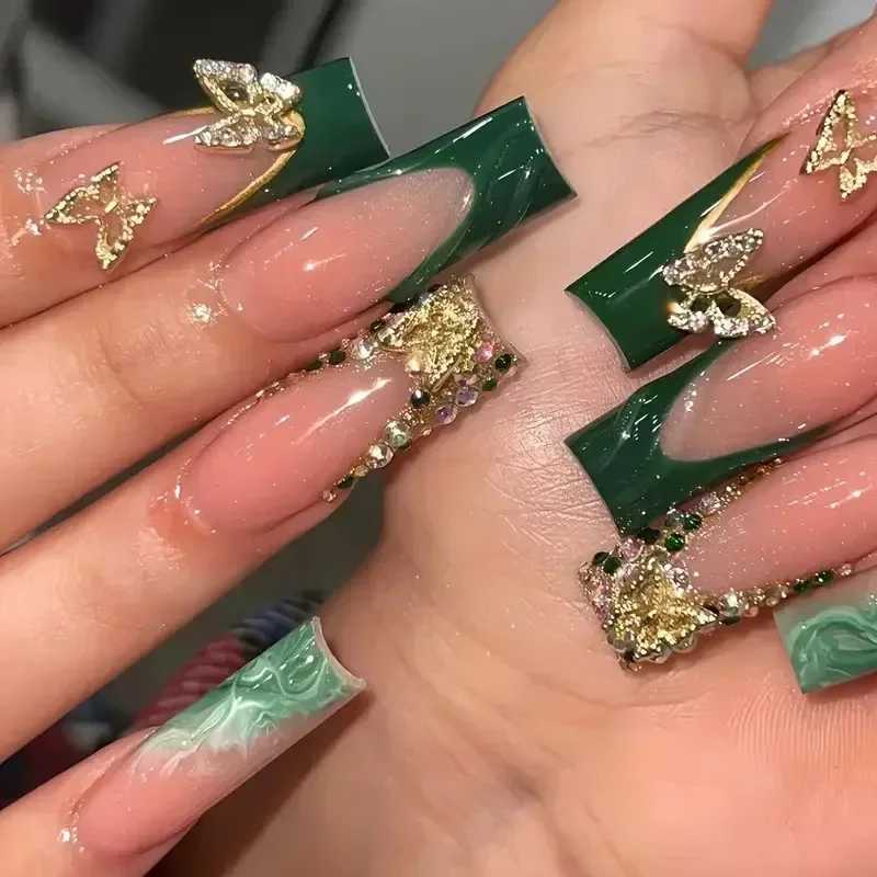 24Pcs Green French Fake Nails with Diamond Gold Butterfly False Nails Elegant Acrylic Artificial Nails Wearable Long Square NailXJ250110-image-1041376539