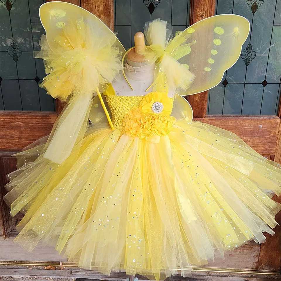 Girls Yellow Sparkling Flower Fairy Dress Childrens Butterfly Sparkling Tutus with Wings and Hair Childrens Par Clothing Set W250111-image-1041488643