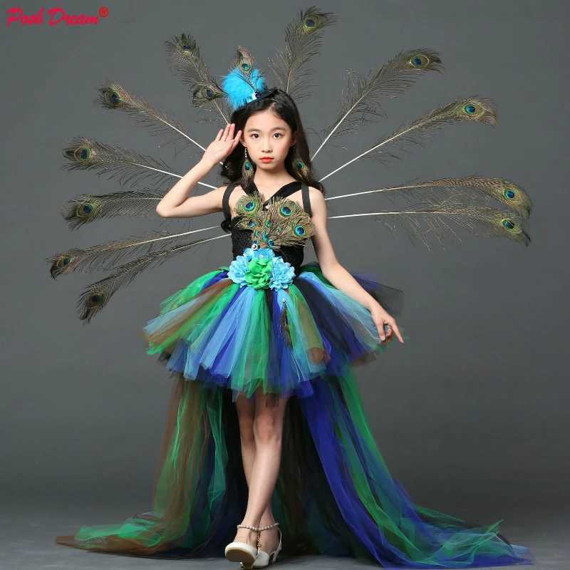 POSH DREAM Girl Peacock Flower Par Tutu Halloween Dress with Train Tulle Peacock Princess Childrens Par Evening Dress W250111-image-1041490188