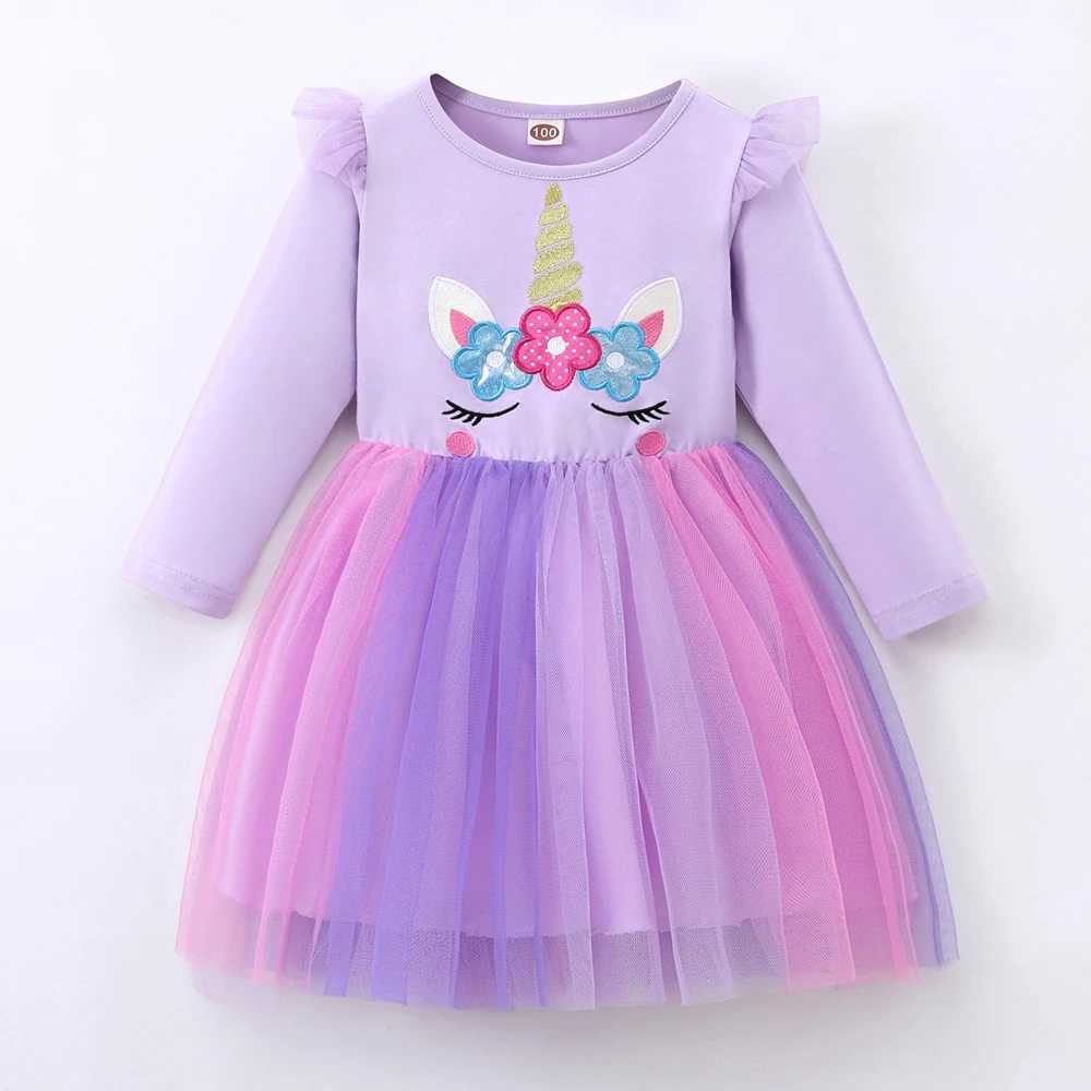 Tutu dress for preschool girls purple long sleeved rainbow prince dress for girls aged 2-7 W250111-image-1041490026