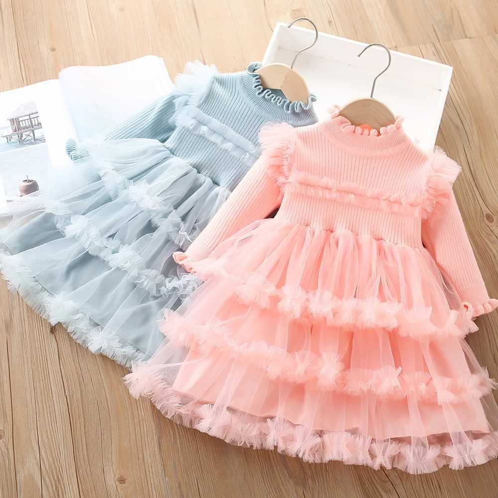 Spring and autumn childrens dresses with floral collar patches lace childrens dresses long sleeved cotton childrens cake dresses and baby cake dr-image-1041489021