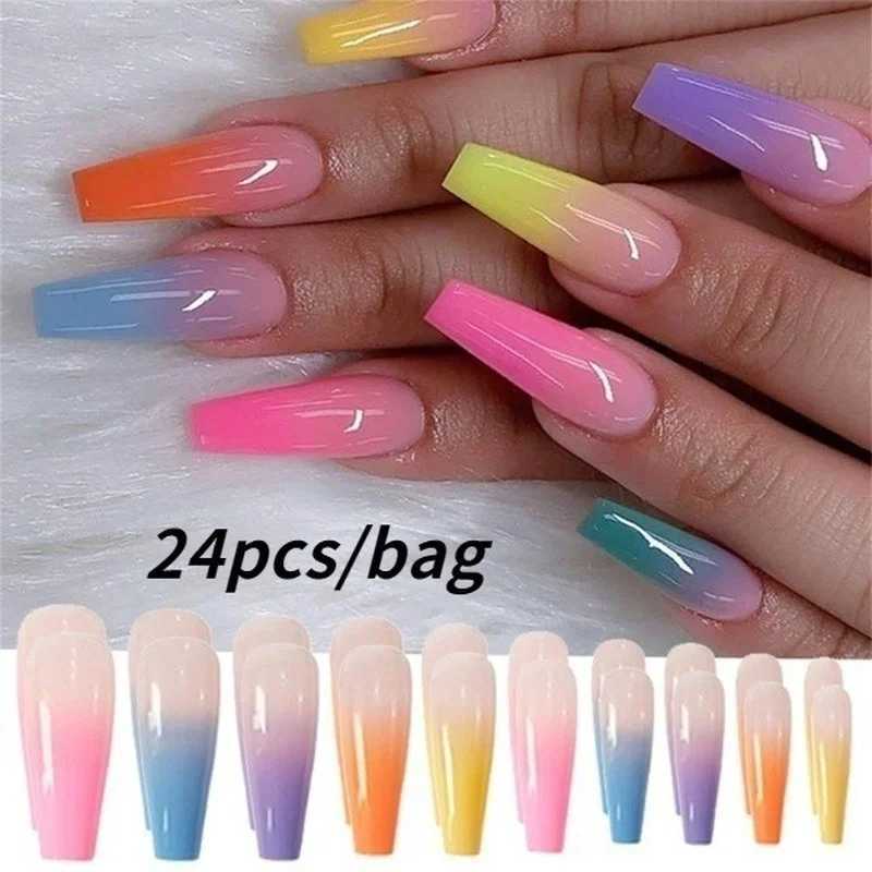 24pcs/bag Long Coffin Fake Nails Rainbow Ballerina Full Cover Nail Art Tips Beauty Artificial False Nails Manicure CharmsXJ250110-image-1041376380