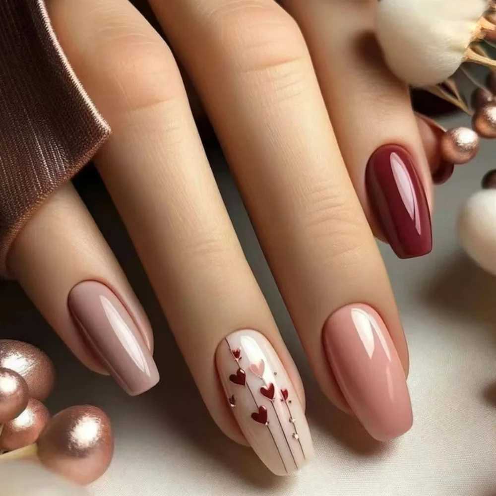 24pcs Solid Color Nail Fake Simple Love Design Mid-length Ballet False Nail Tips Red Wearable Lines Square Press on Nails ArtXJ250110-image-1041376328