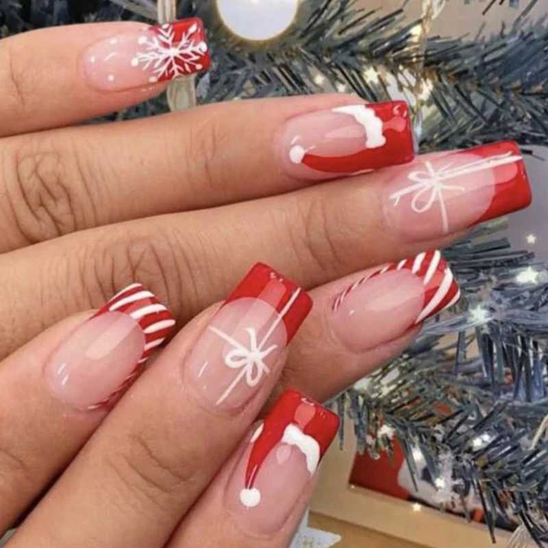 Christmas Press on Nails Medium Square False Nails French Tip Nail Stick on Nails with Snowflake Acrylic Nail Drop ShippingXJ250110-image-1041376866