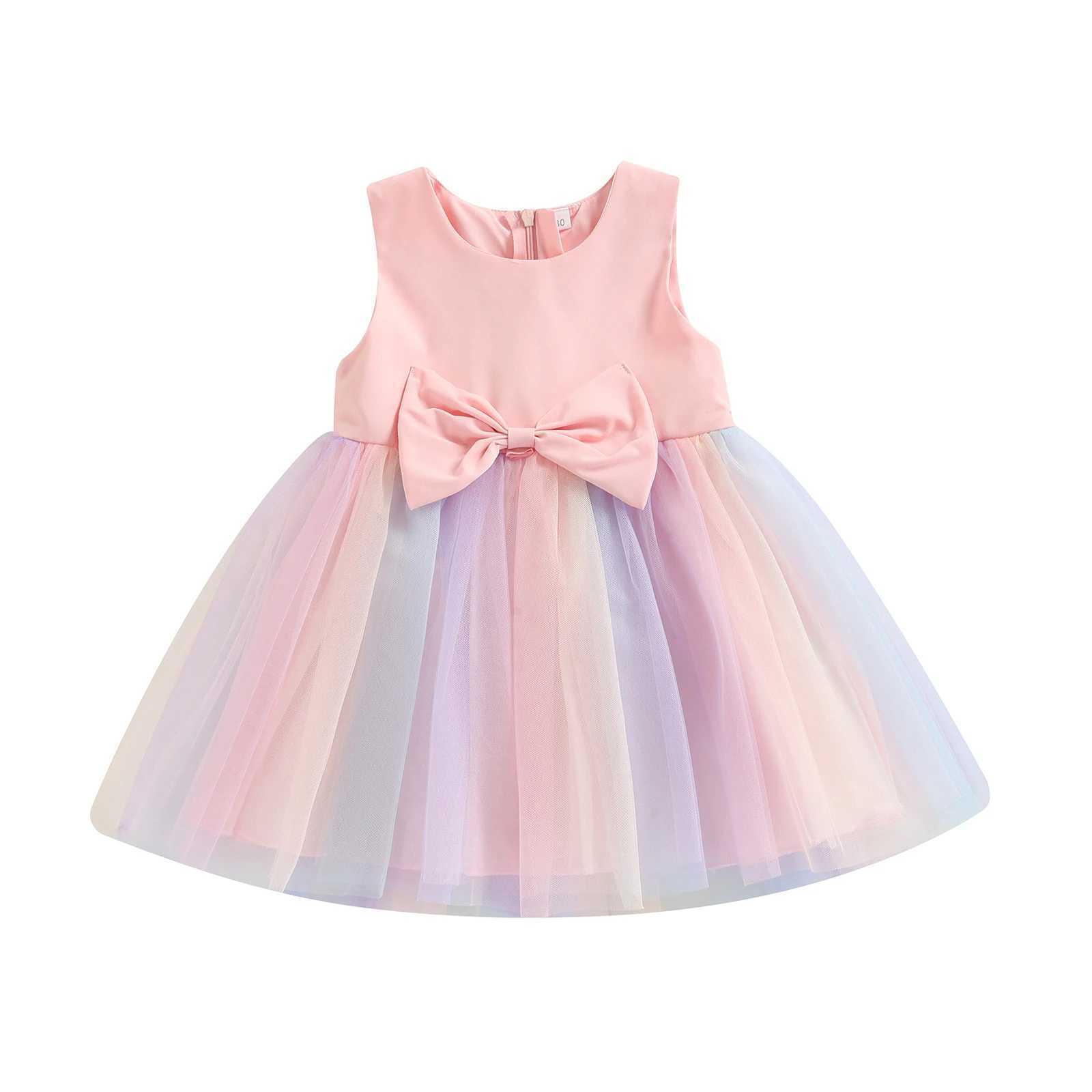 Preschool Children Girls Princess Dress Sleeveless Butterfly Bow Rainbow Color Tulle Tutu Dress Summer Par Pageant Dress 1-5T W250111-image-1041489654