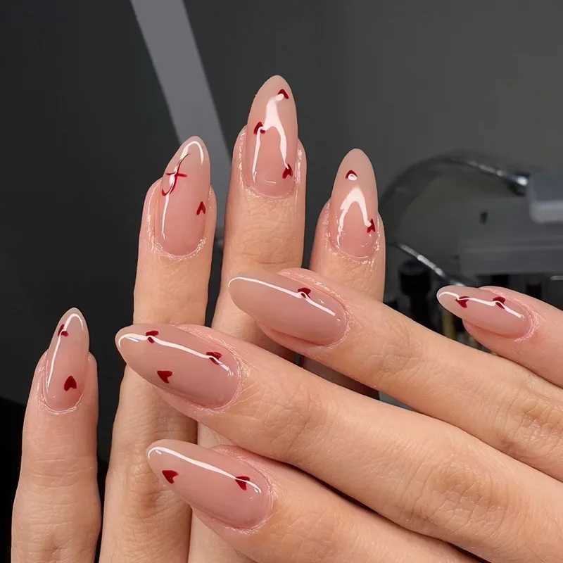 24Pcs Valentine Nude Pink Press-On Nails with Heart Patterns Glossy Almond Shape Sweety False Nails for Women Girls Daily NailsXJ250110-image-1041377686