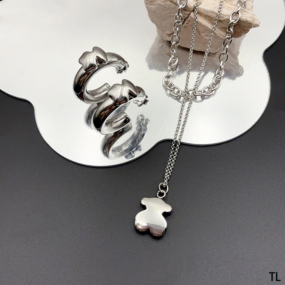 New Fashion Women Silver Gold Stainless Steel Bear Hollow Animal Pendant Bracelet Earrings Sets Jewelry-image-1041420003