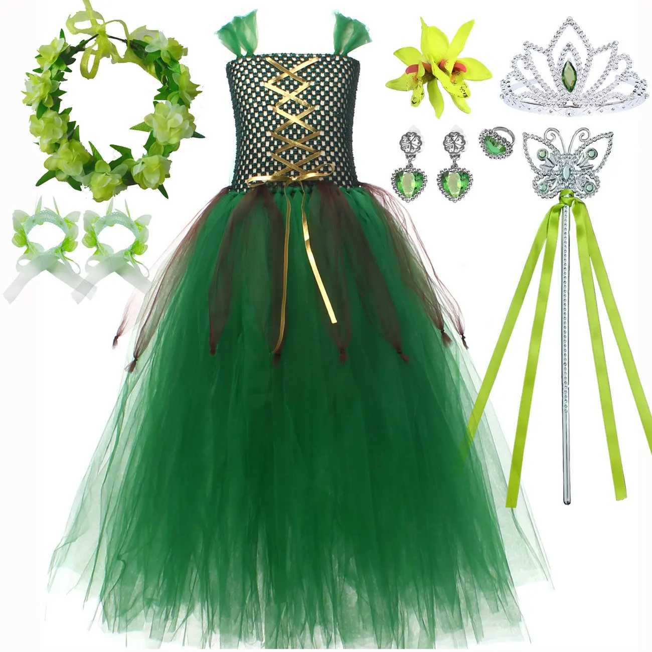 Halloween Childrens Day Girl Elf Role Play Tutu Dance Skills Costume Childrens Role Play Elf Gold Stripe Tutu Skirt Green Dress W250111-image-1041488217