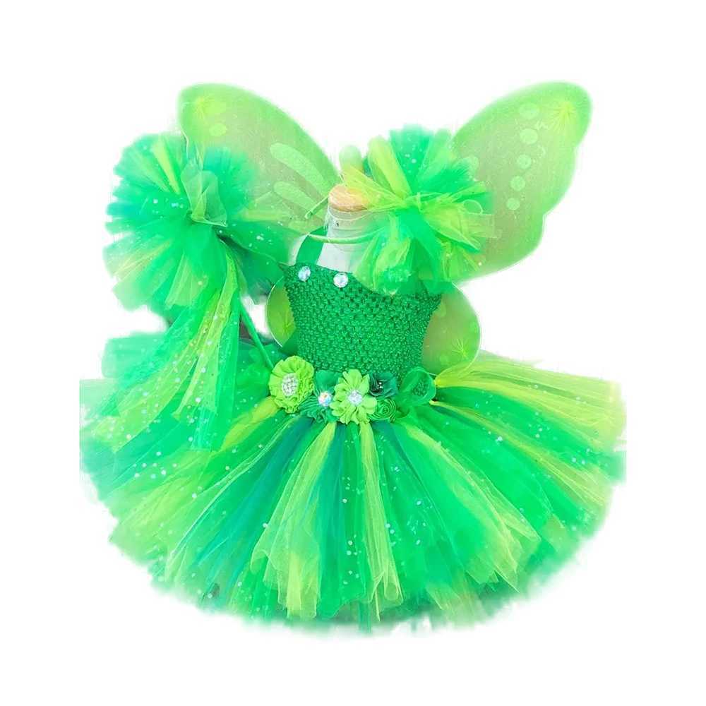 Girl Green Flower Fairy Dress Childrens Flash Tutu Dress Butterfly Wings and Clockwork Set Childrens Role Playing Par Clothing W250111-image-1041488492