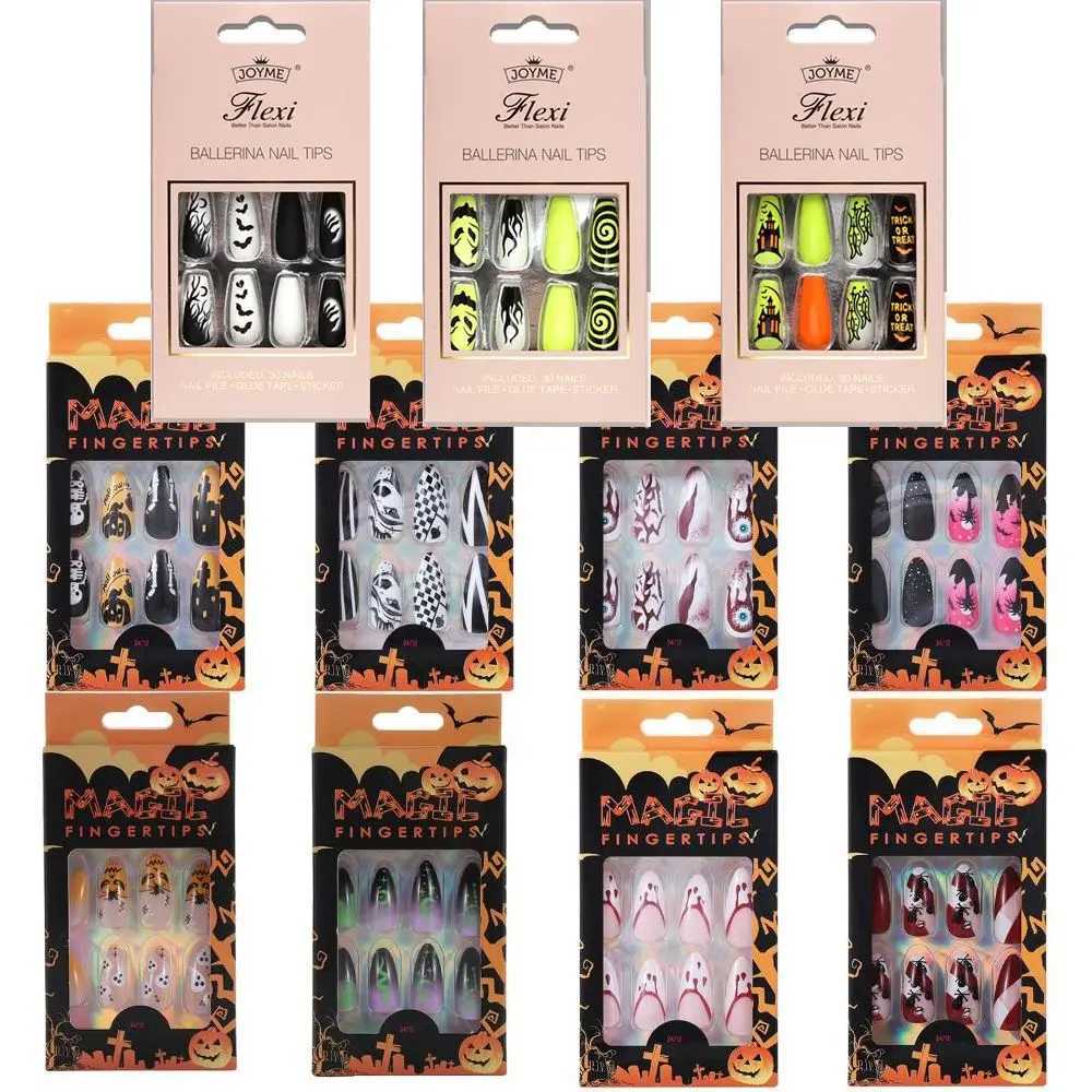 24pcs Halloween False Nails Short Square Fake Nails Full Cover Art Press On NailsXJ250110-image-1041376302