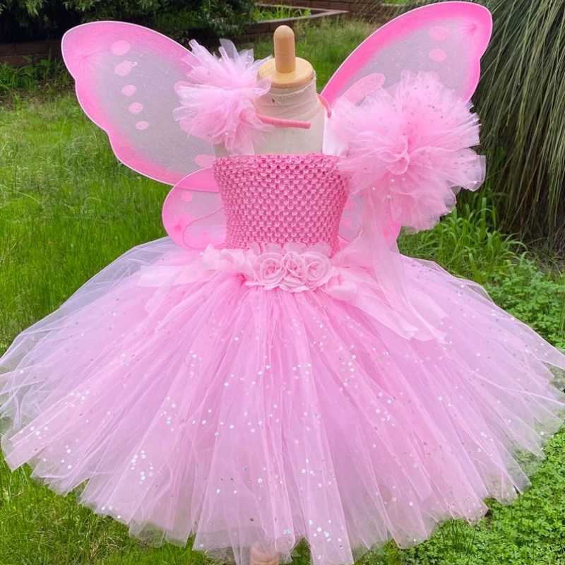 Girl Pink Fairy Dress Childrens Sparkling Picture Flower Dress with Wings and Stick Hair Childrens Birthday Halloween Par Costume W250111-image-1041488675