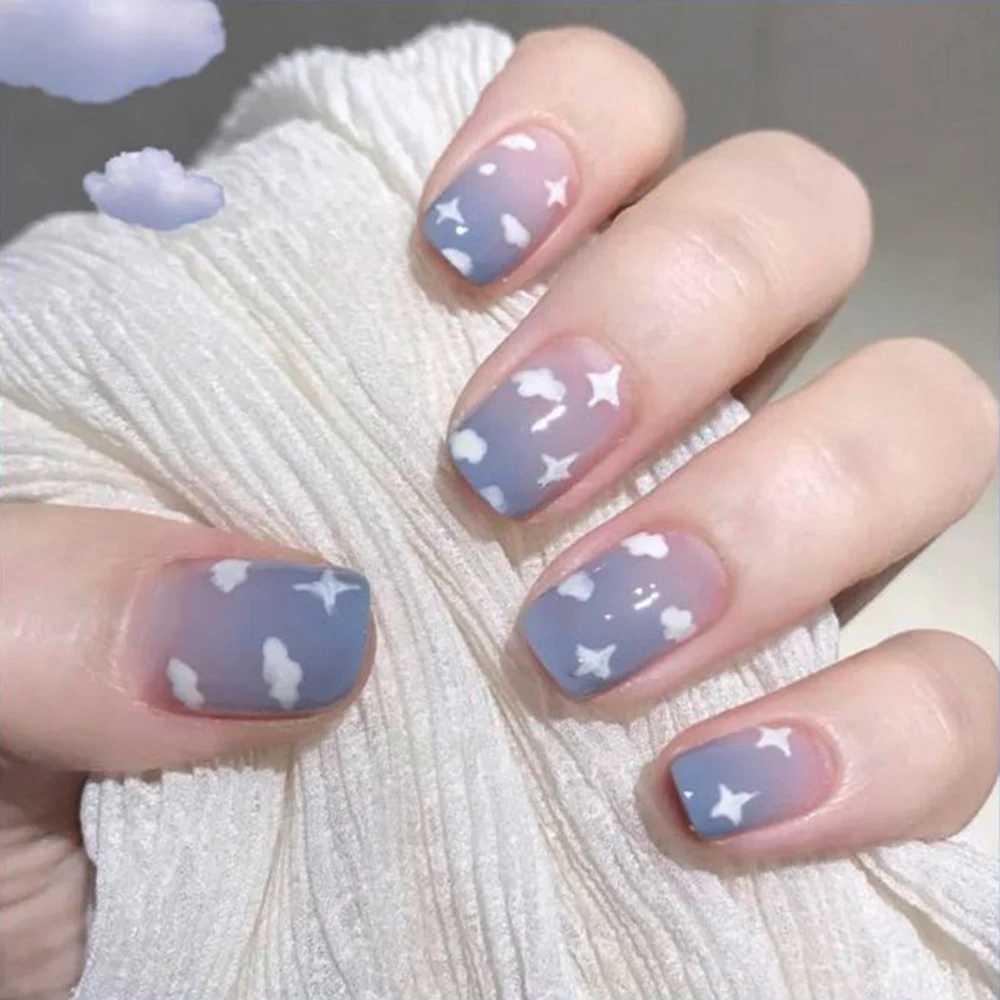 24Pcs/Box Short Square Head Wearing False Nails Art Clouds Stars Pattern Fake Nails Full Cover Press on Nail Tips Manicure ToolsXJ250110-image-1041376564